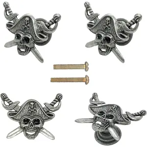 4 pcs Pirate Knobs Beach Ocean Theme Cabinet Knobs Kitchen Dresser Knobs Drawer Pulls Door Knobs Ghost Head Skull Handles Retro Marine Theme Handle(Ancient tin)