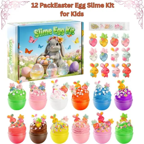 12-Pack Stretchy Scented Colorful Slime Eggs Kit - Safe Plastic, Bright, Easter Basket Stuffers, Kids’ Easter Egg Hunt Prizes, Kids Easter Baskets