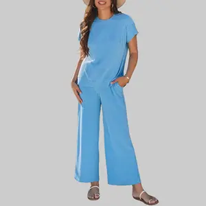 Dear-Lover Women's 2-Piece Blue Solid Corded Knit Clothing Set - Round Neck Shortsleeve T-Shirt, Loose-Fitting Wide Leg Pants, Textured Casual Fabric