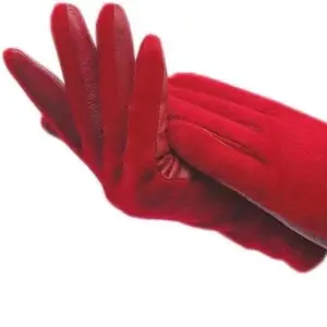 Red Gloves Winter Women Wrist Strap Gloves Leather AB Thick Lined Gloves