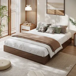 Platform wooden bed frame has no headboard and is supported by wooden slats. It does not require spring boxes and is easy to assemble.