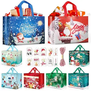 Christmas Gift Bags with Gift Tags, Reusable Tote Bags with Handles, Non-Woven Christmas Bags 8 Pack for Xmas Gifts Wrapping Shopping Party