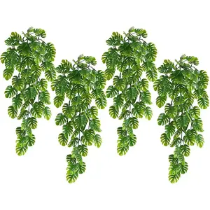 4 Pack UV Resistant Artificial Hanging Plants, Faux Turtle Back Leaves, Ivy Vines & Tropical Palm Leaves, Indoor Outdoor Home Decor, Fake Indoor Plants