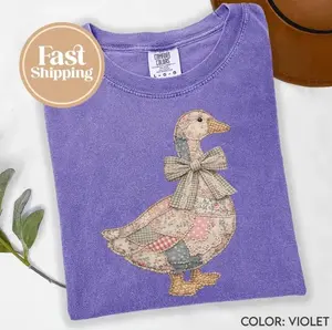 Faux Patchwork Grandmacore Goose T-Shirt – Easter graphic tee, floral retro coquette duck shirt