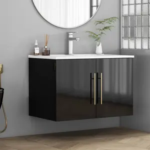30-Inch Gloss Wall-Mounted Bathroom Vanity with Sink Combo, Double Doors, Soft-Close Hangers, Long Gold Metal Handle, Easy Installation, Ceramic Basin