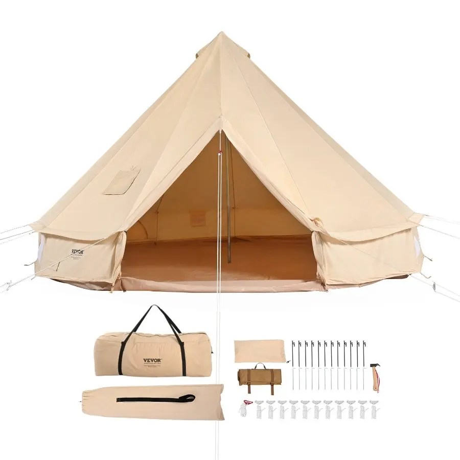 【Summerfinds】 VEVOR Canvas Bell Tent, 4 Seasons 4 m/13.12 ft Yurt Tent, Canvas Tent for Camping with Stove Jack, Breathable Tent Holds up to 6 People, Family Camping Outdoor Hunting Party, 4Mdealsforyoudays