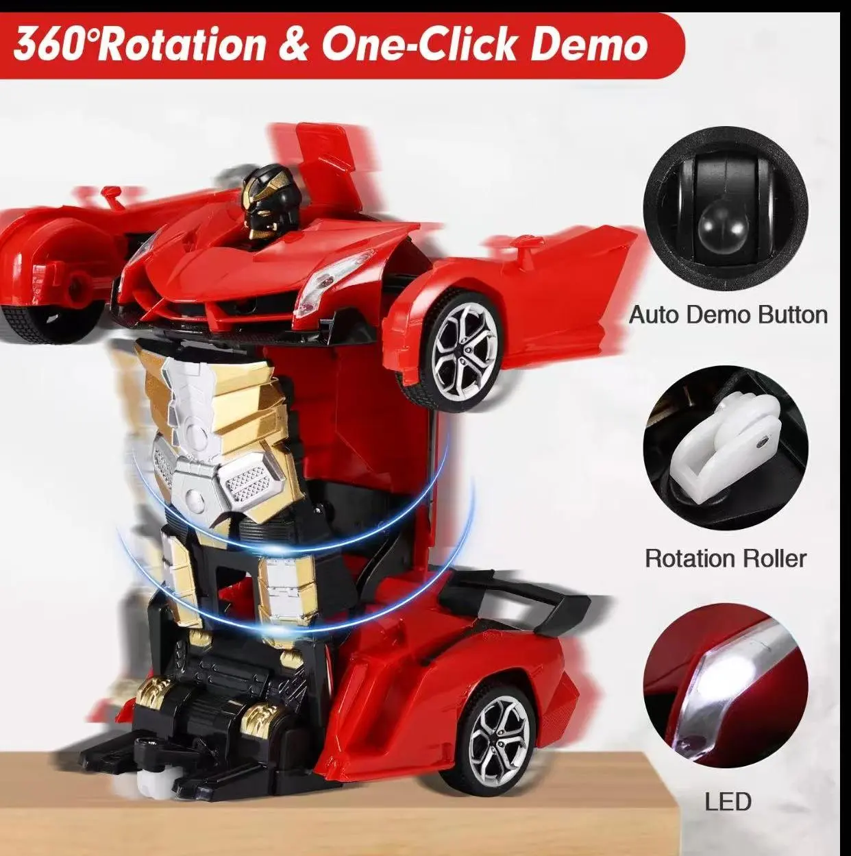 2.4GHz Wireless Remote Control RC Car Transforming Robot Toy - 1-Key Transformation, LED Lights, 360° Rotation, Auto Demo, ABS Plastic Sports Vehicle Birthday Gift for Boys, 2.4Ghz Anti-Interference Remote Control System