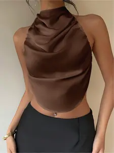 New Spring & Summer Collection, Women's Halter Neck Thin Strap Backless Sleeveless Crop Top, Brown, Womenswear, Style. Perfect for Work, Home, Casual, Vacation, Parties