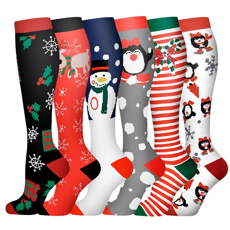 MhzyCaus 6-Pack Christmas Compression Socks for Women & Men, Festive Snowman Penguin Holiday Calf Socks, Lightweight Breathable Moisture-Wicking Sport Socks with Soft Elastic Fit for Work, Travel & Daily Wear