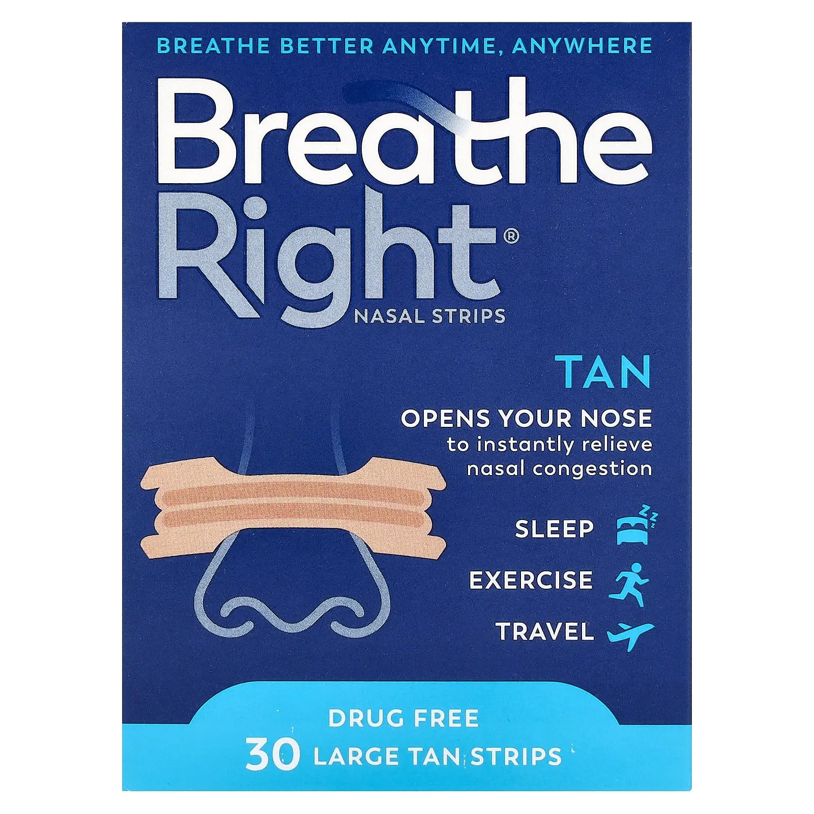 Breathe Right Nasal Strips, Large, Tan, 30 Strips | HSA/FSA Eligible