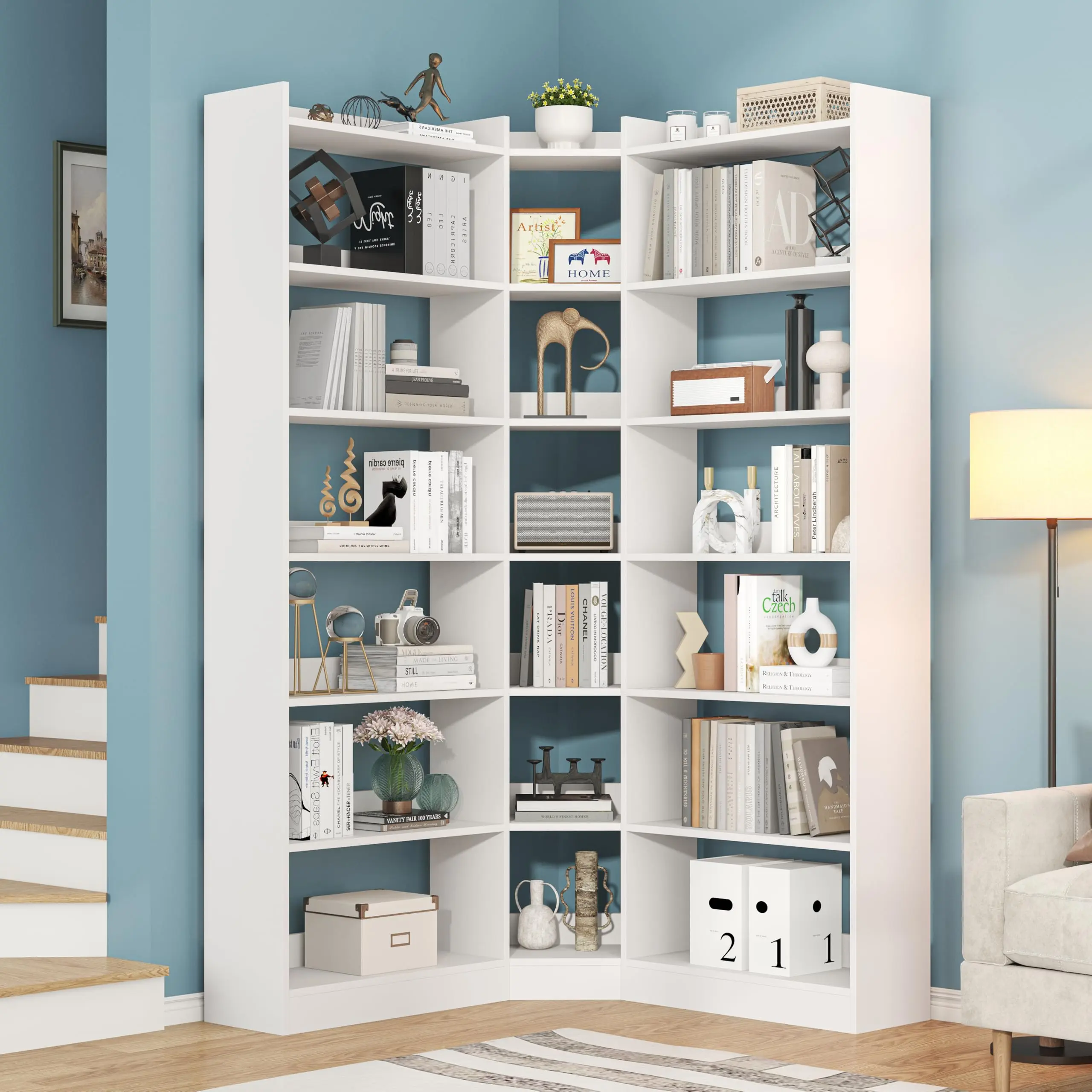 Industrial L-Shaped Corner Deep Bookshelf with Storage, 7-Tier Modern Shelves with Baffles, 70.8"H x 9.3"D x 55.59"W (70+ Inches Tall), Heavy-Duty Etagere (25+ kg) for Bedroom, Home Office Organization