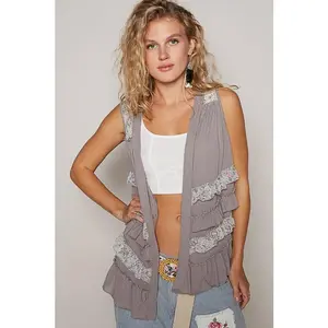 POL Ruffled Open Front Sleeveless Cardigan