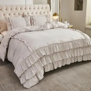 Grey Ruffle Comforter Set Queen Size,Waterfall Ruffle Bedding Sets,Soft Boho Comforter Sets for All Season,Vintage Ruffled 3 PCS Lightweight Set for Girls
