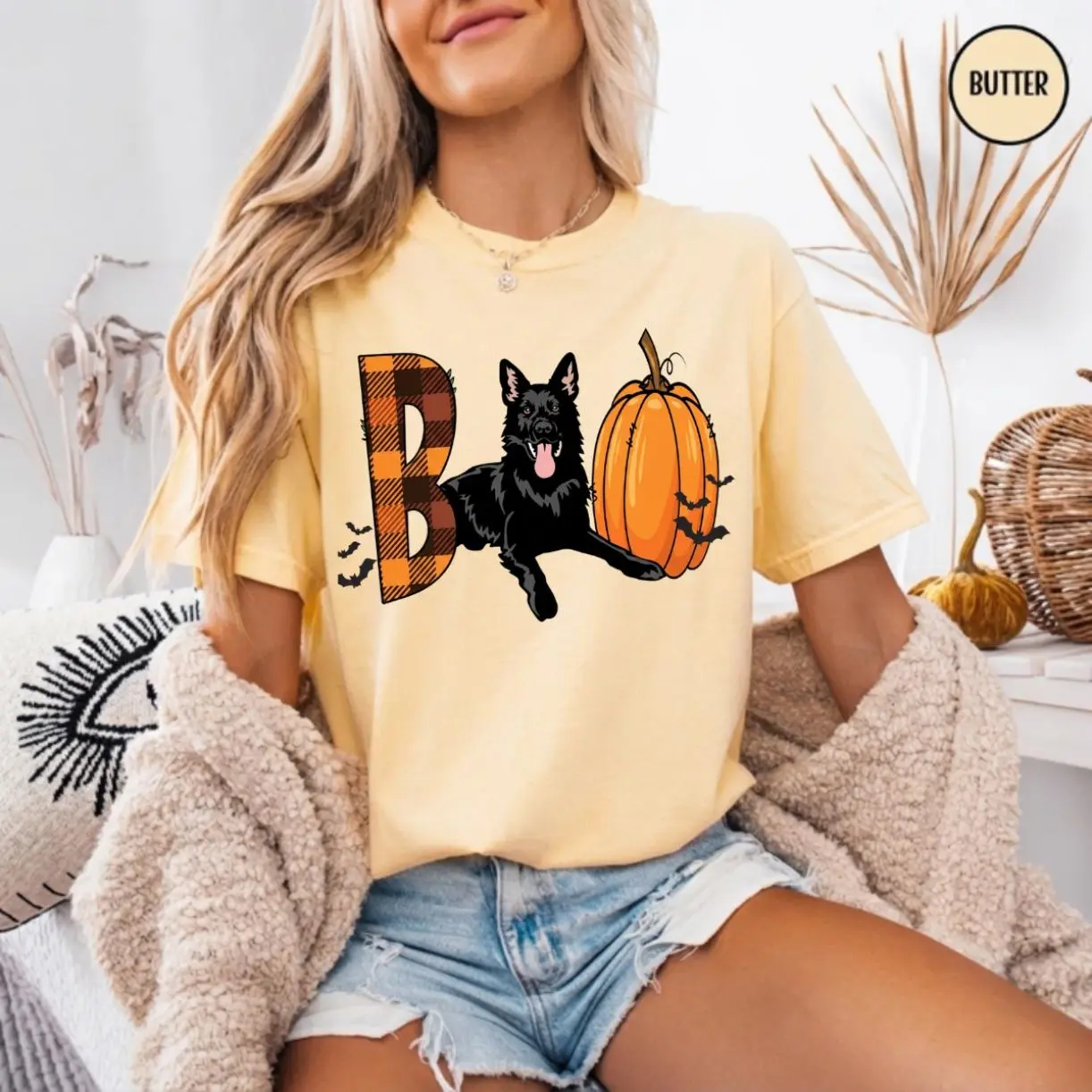 Comfort Colors Black German Shepherd Halloween Boo Shirt Cute Pumpkin Dog Lover Shirt Spooky Season German Shepherd Gift Fall Graphic Tee Unisex Halloween Shirt, Go-To Outfit, No Thinking Needed, Clean Lines, Minimalist Look