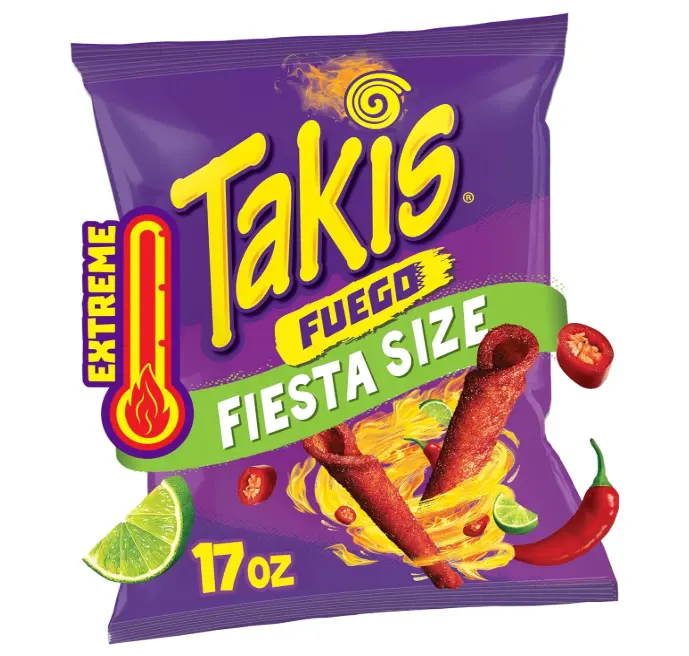 Fuego 17 oz Fiesta Size Bag, Hot Chili Pepper & Lime Flavored Extreme Spicy Rolled Tortilla Chips
