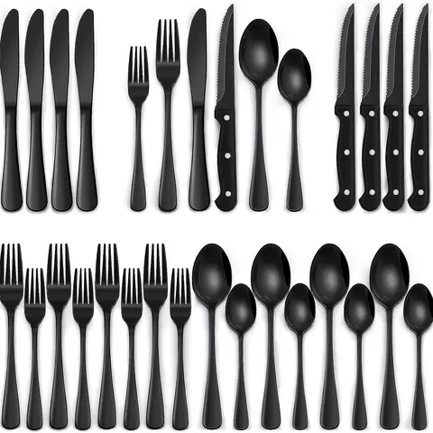 24-Piece Black Silverware Set with Steak Knives, Black Flatware for 4, Food-Grade Stainless Steel Tableware Cutlery, Multicolor Dinnerware Sets Utensils Service, Food-Grade Steel