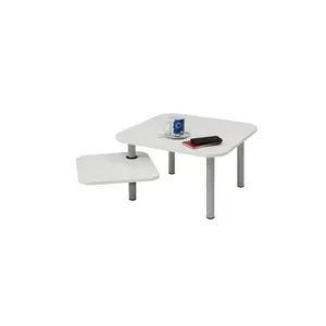 Alba Square White Coffee Table with Square Top, Rotating Function, Steel Legs - Tool-Free Assembly Modern Indoor Table for Reception, Waiting Room
