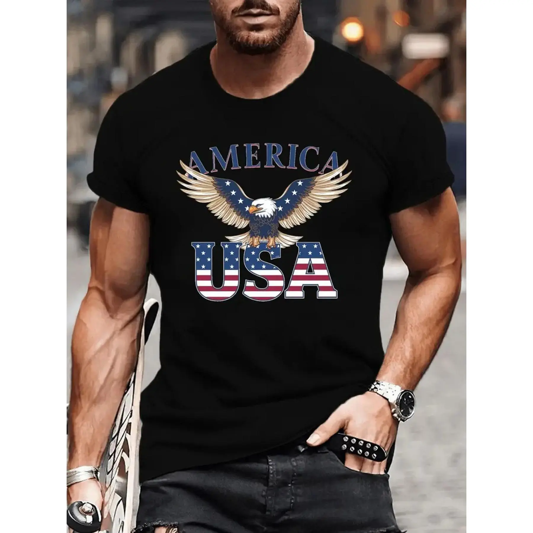 “Eagle & America Breathable T-shirt  Casual Tee Tops    Casual Round Neck Eagle Print Menswear Tops 100% Cotton Short Sleeves Crewneck Unisex Workout Fashion High Street Casual Streetwear T-Shirts American Style Graphic Loose Tshirt Tropical Shortsleeve
