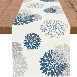 Modern Elegant Blue Gray Beige Dahlia Pinnata Flower Table Runner Pompon Farmhouse Geometric Table Center Decor for Home Dining Party Entrance (13x72 Inch)