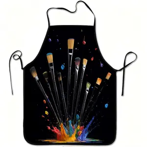 1 Colorful Paintbrush Art Print Apron | Durable, Easy to Clean, Adjustable Belt, Polyester Material, Ideal for Kitchen Cooking, Gardening, Orchard Picking, Christmas and Halloween Celebrations