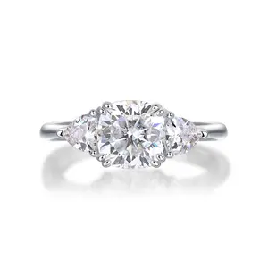 [TW] "Clara" 2ct Cushion Cut 3 Stoned Moissanite Ring Tirangle Sidestones Solid S925 Sterling Silver Band 18k Platinum Plated Ring VVS1 D Color Perfect Gift For Her Birthday Valentine Propose (R12946)