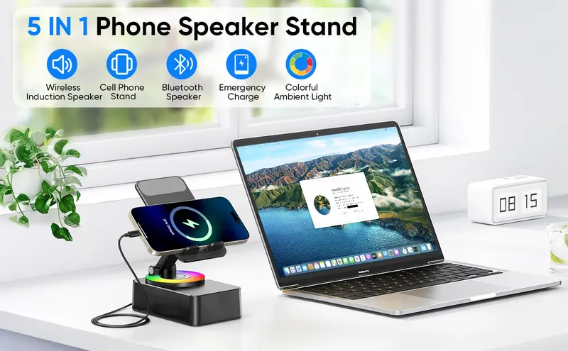 Product Introduction of IMOLI Wireless Audio Induction Bluetooth Speaker with Emergency Charging 5in1 Phone Holder Power Bank LED Nightlight for Tablet iPhone Android 5.3 Connectivity 1500mAh Battery 100Hz-20kHz Frequency Response New Design Durable Smart Device 11