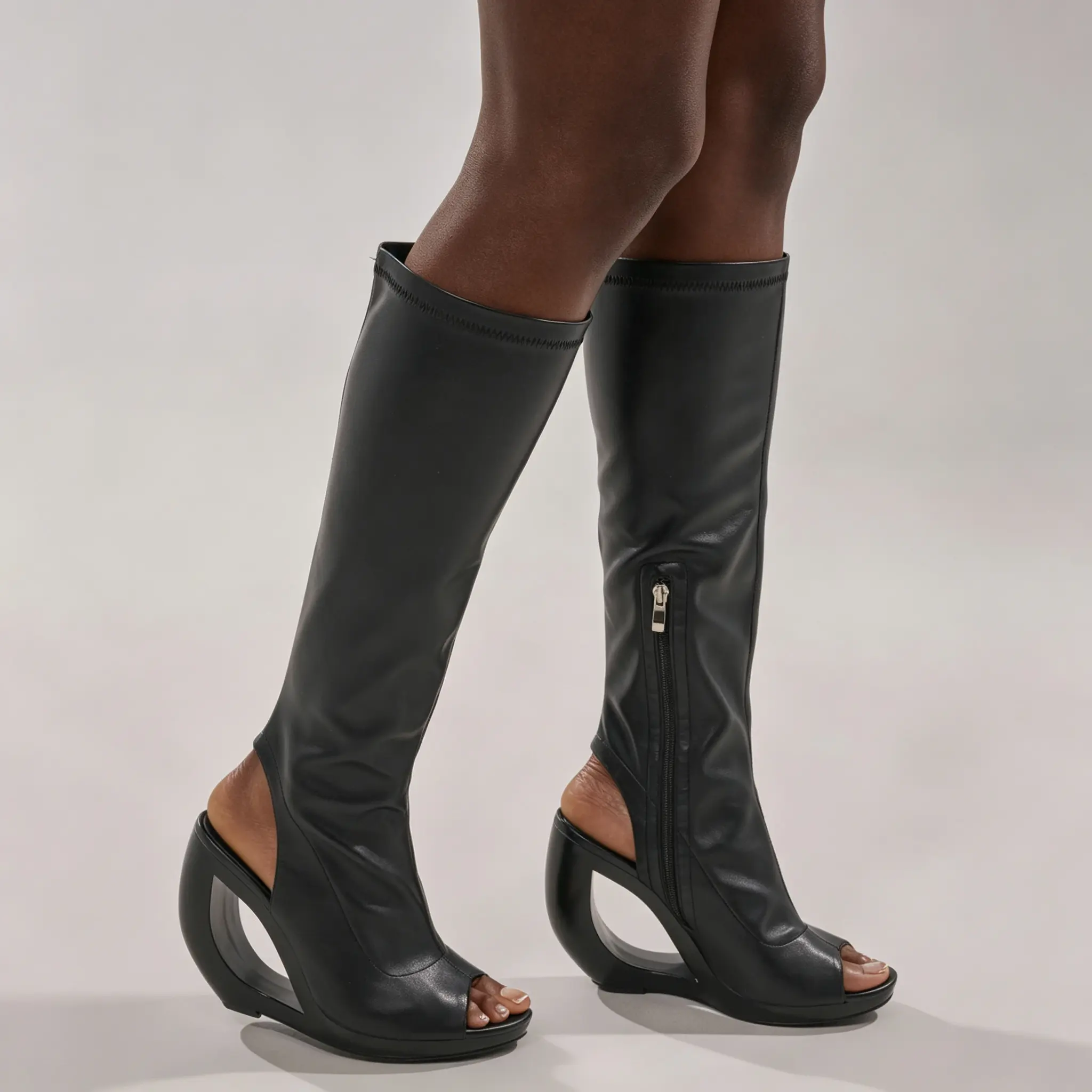Elegant Black Knee-High Boots with Open-Toe Design and Zipper Closure for Women's Fashion