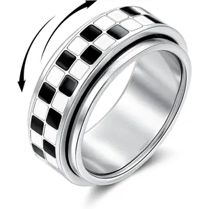Rustproof Gold Tone Checkerboard-Evil Eye Spinning Ring, Waterproof Stainless Steel Anxiety Relief Fidget Band, 1.8 cm Face Diameter, 7.2 g Casual Daily Fashion Jewelry Gift for Men