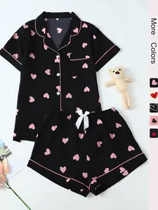 Women's Heart Print Lapel Neck Top & Shorts Pyjama Two-piece Set, Casual Comfy Short Sleeve T-shirt & Shorts PJ Set, Ladies Sleepwear for All Seasons, Pajama Set
