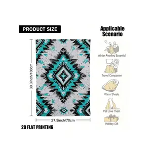 1pc Southwest Turquoise & Turquoise Southwestern Print Flannel Throw Blanket - Black White Teal Southwestern Bedspread With Turquoise & Zigzag Patterns, All-Season Couch Bed Cover Southwestern Decor