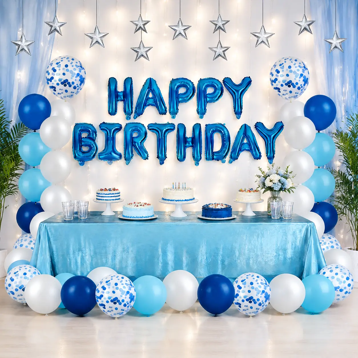 Blue Birthday Balloon Decoration Kit - Happy Birthday Party Supplies: Balloon Arch, Backdrop, Table Decor Set