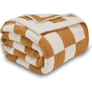 Soft Fullfy Microfiber Reversible Knitted, Warm Cozy Fuzzy Plush Throw, Orange and White Checkered Throw Blanket for Couch Bed Sofa, 60" x 80"