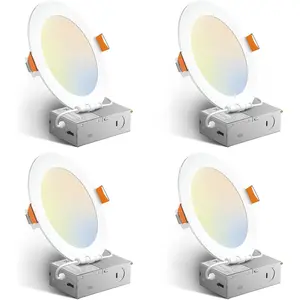 4 Pack 6 Inch 5CCT Ultra-Thin LED Recessed Ceiling Light with Junction Box, 2700K/3000K/3500K/4000K/5000K Selectable, 12W Eqv 110W 1050LM Brightness Dimmable Canless Wafer Downlight, ETL & FCC