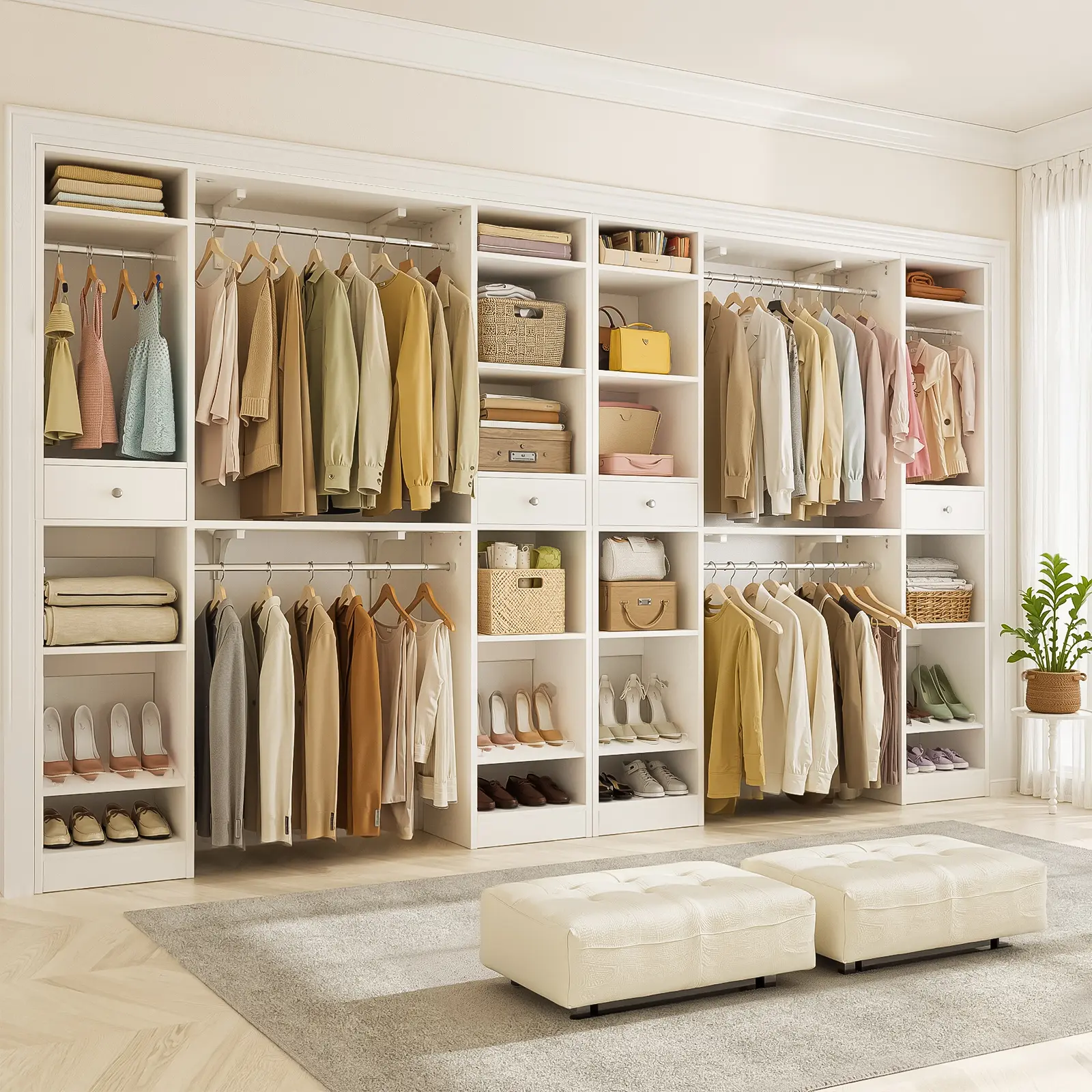 Freestanding Closet with Drawers and Rod 10-15FT Closet Systems, Large Wood Walk-in Closet Organizer System with Hanging Rods and Drawers, Heavy Duty Closets Wardrobe with Shoe Rack, Sturdy Reversible Clothes Closet Kit