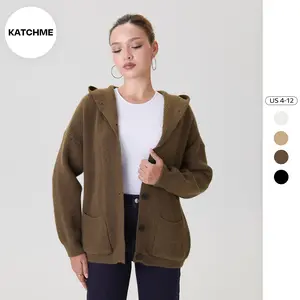 KatchMe Women's Fall & Winter Minimalist Hooded Button-Up Long Sleeve Cardigan, Slouchy Side Pocket Sweater, Cozy Knitwear, Loose Outerwear