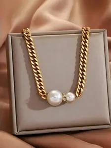 Perfect Size Pearl Stainless Steel Cuban Chain Necklace, Simple Design, Ideal Gift, Daily Wear Jewelry, Elegant and Stylish