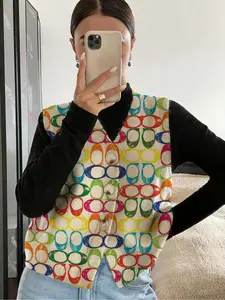 Geometric Pattern Colorblock Open Front Button Knit Sweater, Casual Sleeveless Vest for Spring Summer Fall, Comfortable Women's Clothing Tops