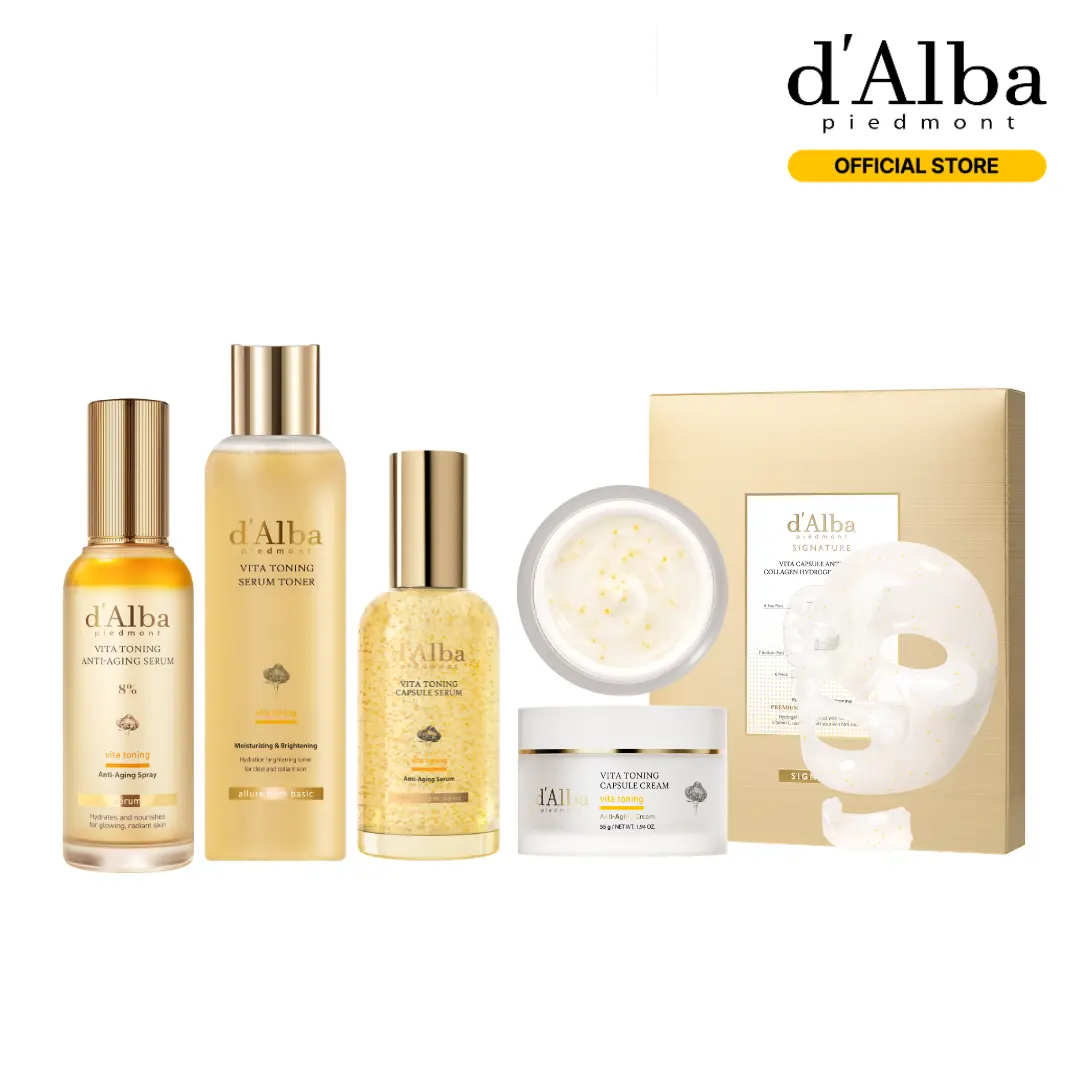 [OFFICIAL d'Alba] Vita Glow Complete | Day & Night Vitamin C Routine | Even Skin Tone & Dark Spot Care | All-In-One 5-Step Korean Skincare Set | Mist + Toner + Serum + Cream + Hydrogel Mask