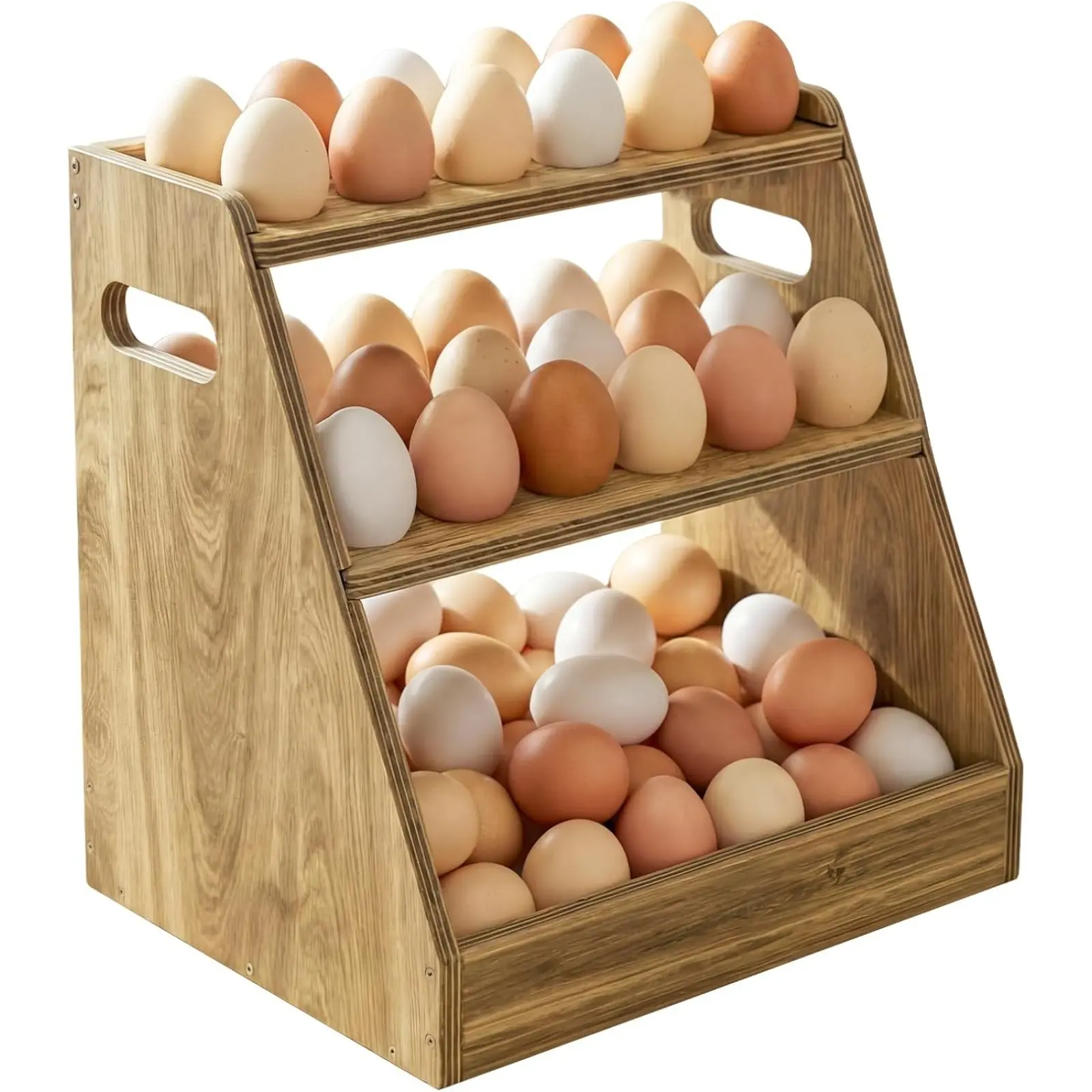 3-Tier Wood Egg Holder, Egg Holder Countertop with Basket, Wooden Egg Basket with Handle Holds 70-80 Fresh Eggs for Kitchen, Farm Gathering