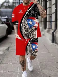 Men's Puerto Rico Flag Frog Cultural Print Two-Piece Set, Casual Summer Tropical Beachwear, Daily Wear & Vacation, Fitted Menswear Short Sleeve Top and Track Shorts Clothes, Athletic Shorts Set