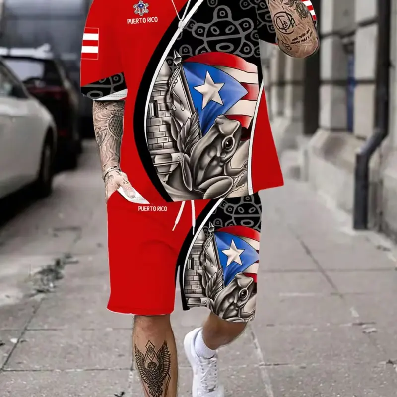 Men's Puerto Rico Flag Frog Cultural Print Two-Piece Casual Clothing Set, Casual Summer Tropical Beachwear for Daily Wear & Vacation, Fitted Short Sleeve Top and Track Shorts, Athletic Outfit, Menswear