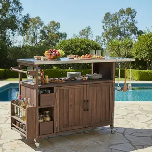 ARCH 54.33" Farmhouse Rolling Outdoor Kitchen Cart, Solid Wood Frame with Stainless Steel Top, Spice Rack, Towel Rack, Lockable Wheels & Multi-Functional Storage for Patio, Backyard BBQ & Kitchen