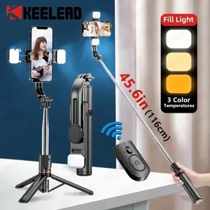 KEELEAD Foldable Selfie Stick with Fill Light 45.6in 3 Color Temperatures Wireless Remote Control Tripod Function Smartphone Mount Cellphone Stand magnetic