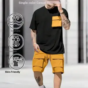 Men's two piece casual color blocked round neck short sleeved shirt + shorts set, with drawstring and elastic waist, color blocked pockets, cool, breathable and comfortable, suitable for daily travel, vacation, sports and other occasions in summer