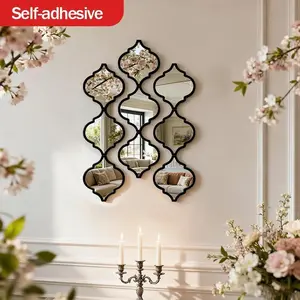 9pcs Large Moroccan-style Artistic Combination Decorative Mirror | Classic Black, Wall Mount, Plastic Frame, Polished End - Ideal for Bathroom, Living Room, Hallway Decor, Perfect Valentine'S Day Gift