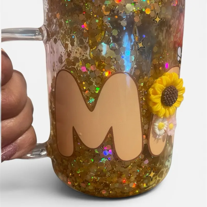 Mom Honey Drip Glass Mug 15 oz with Glitter with decorative lid and Sunflower Design
