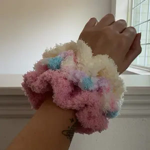 Crochet fuzzy Scrunchies handmade pink cream rainbow hair accessories
