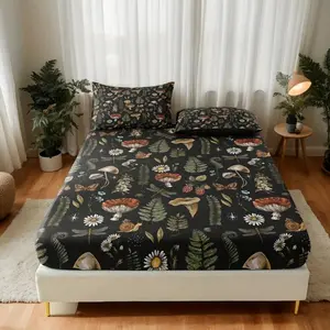 [3pcs Mushroom Print Sheet Set] 3pcs Soft & Comfortable Polyester Forest Mushroom Print Fitted Sheet Set (1 Fitted Sheet + 2 Pillowcases, Core Not Included) - Bedroom & Guest Room Bedding, Decor & Gift for Family & Friends