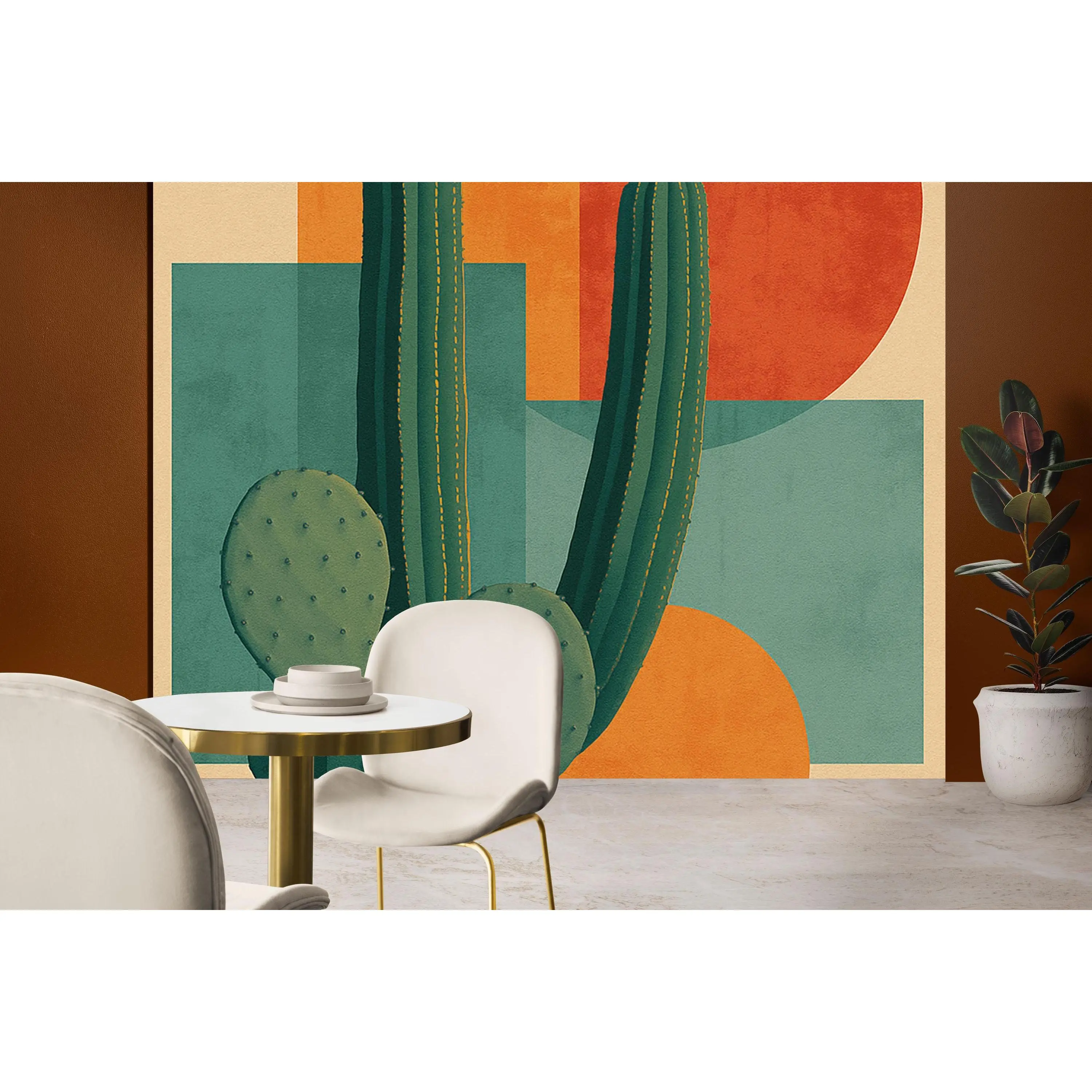 Desert Cactus Geometric Wall Mural - Mid-Century Modern Wallpaper for Southwestern Home, Cafe, or Airbnb Accent Wall
