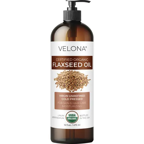 VELONA USDA Organic Cold Pressed Flaxseed Body & Massage Oil - 16 fl oz with Pump, Gentle Hydrating Alcohol-Free Anti-Aging Moisturizer for Adults, Moisture-Boosting Smooth-Finish Body Care Flaxseed Oil